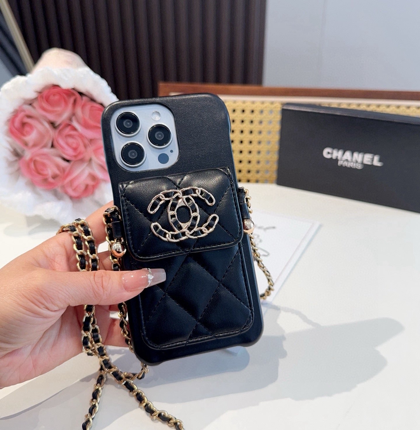 Chanel Style Quilted Leather Phone Case with Crossbody Chain