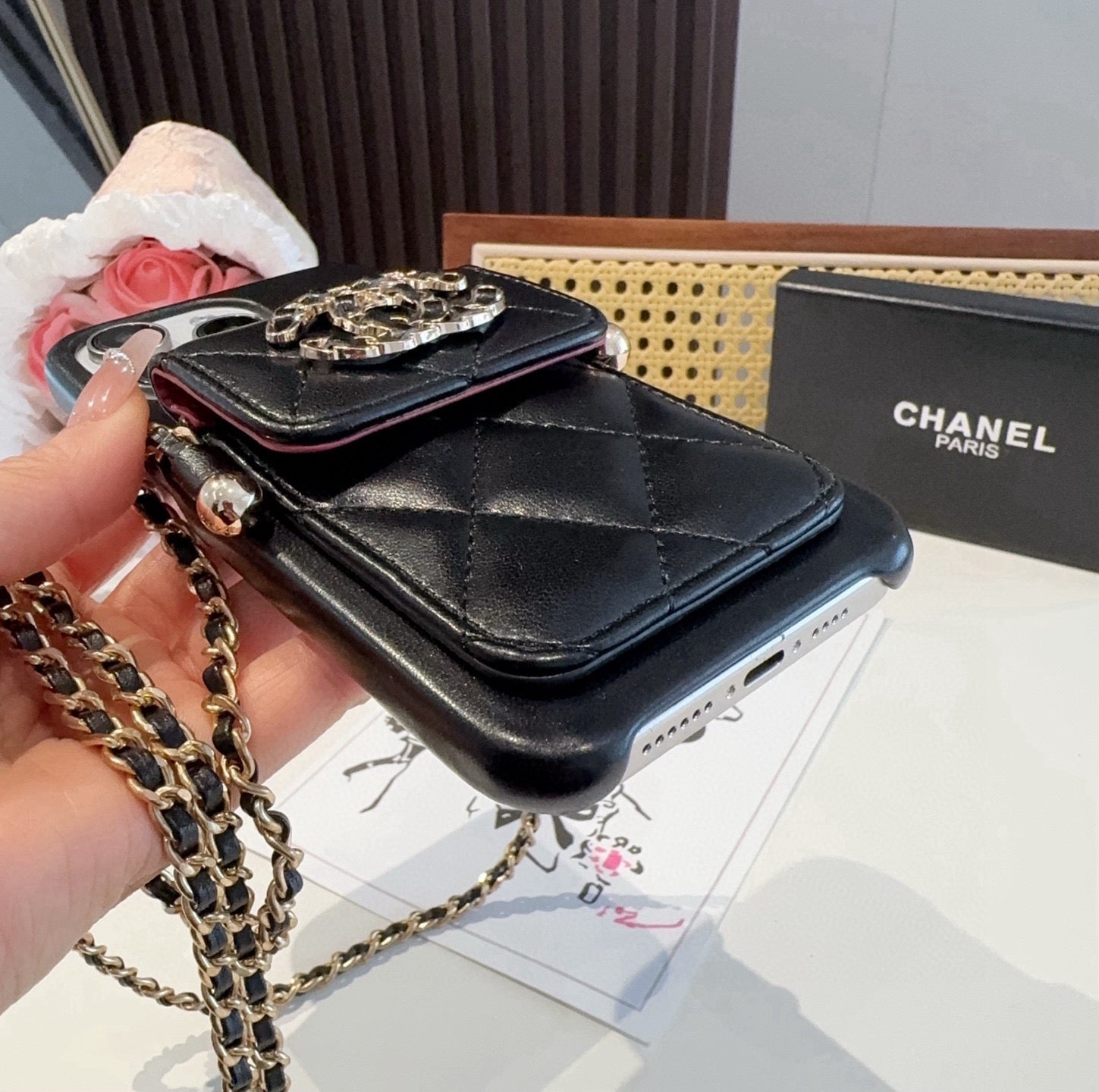 Chanel Style Quilted Leather Phone Case with Crossbody Chain