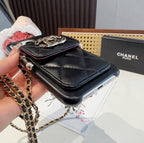 Chanel Style Quilted Leather Phone Case with Crossbody Chain & Card Pocket