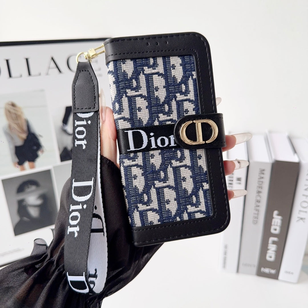 Dior Oblique Monogram Flip Wallet Phone Case With Brand Wrist