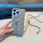 Chanel Style Quilted Leather Flip Card Holder Phone Case With Gold Chain Crossbody Strap