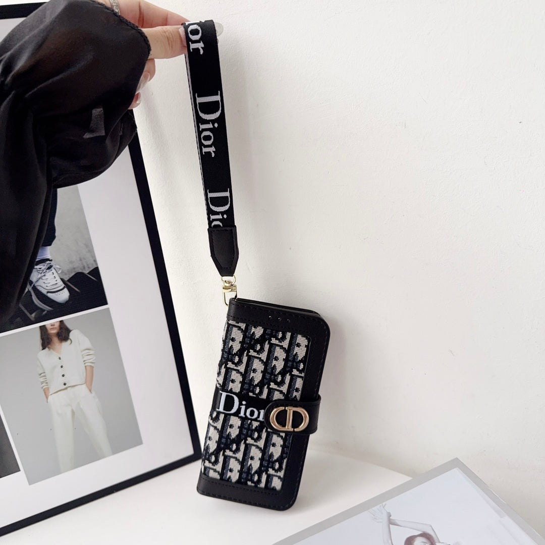 Dior Oblique Monogram Flip Wallet Phone Case With Brand Wrist