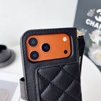 Chanel Style Diamond Quilted Leather Flip Wallet Phone Case with Wrist Strap