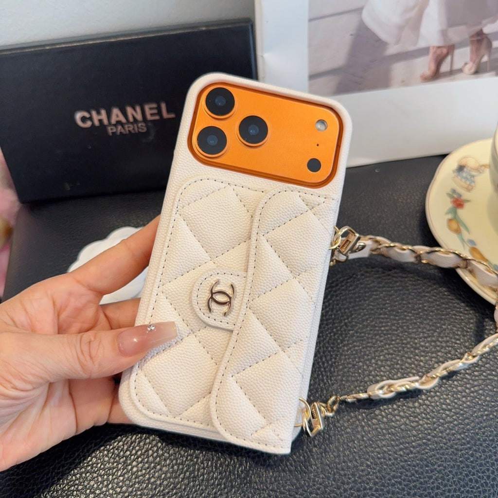 White Chanel Quilted Caviar Leather Card Holder Chain Luxury Phone Case