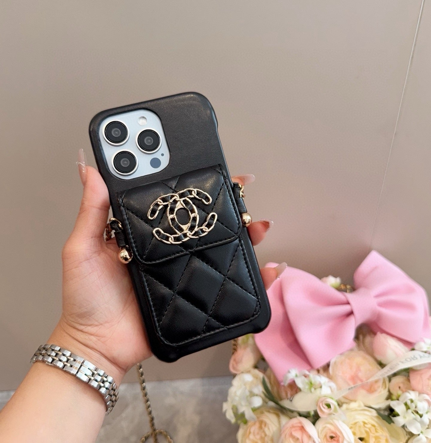 Chanel Style Quilted Leather Phone Case with Crossbody Chain
