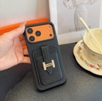 Hermès-Style Leather Card Holder Phone Case with H Buckle & Shockproof Bumper