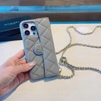Chanel Style Quilted Leather Flip Card Holder Phone Case With Gold Chain Crossbody Strap