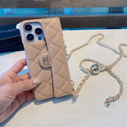 Chanel Style Quilted Leather Flip Card Holder Phone Case With Gold Chain Crossbody Strap