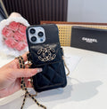 Chanel Style Quilted Leather Phone Case with Crossbody Chain & Card Pocket