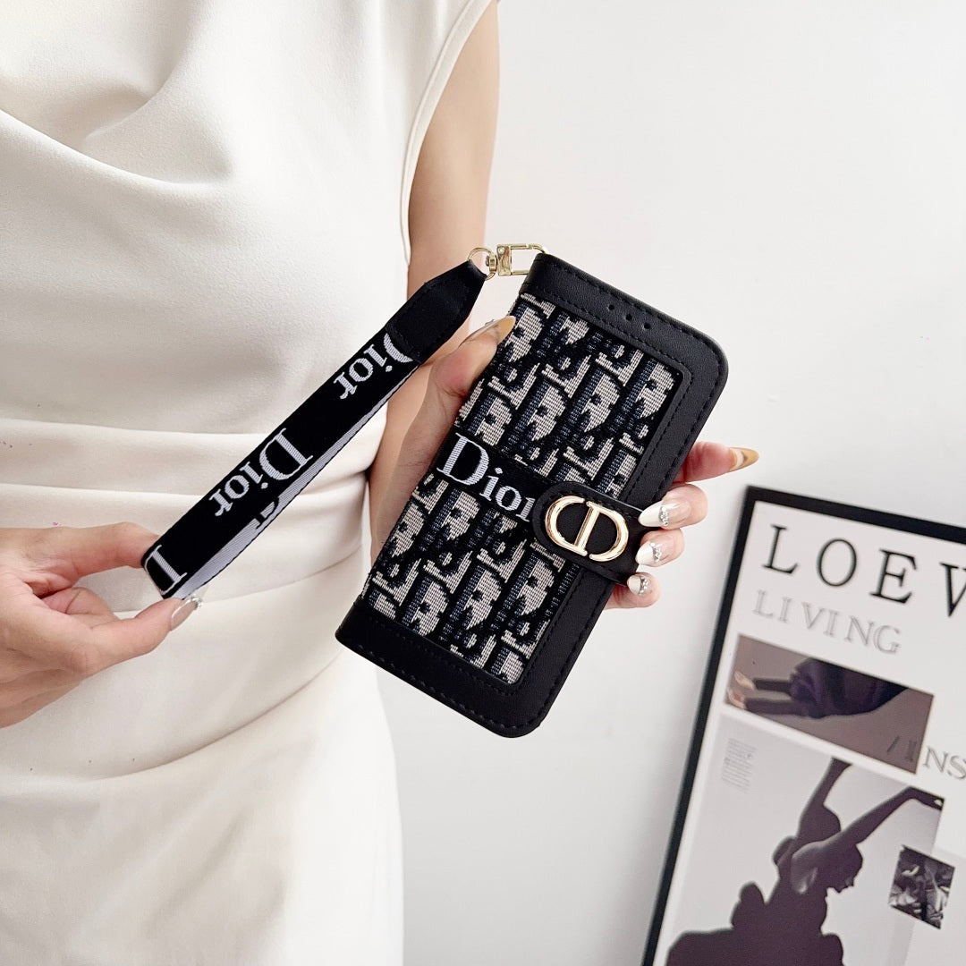 Dior Oblique Monogram Flip Wallet Phone Case With Brand Wrist