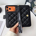 Chanel Style Diamond Quilted Leather Flip Wallet Phone Case with Wrist Strap