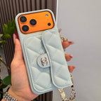 Light Blue Chanel Style Quilted Caviar Leather Card Slot Chain Strap Luxury Phone Case