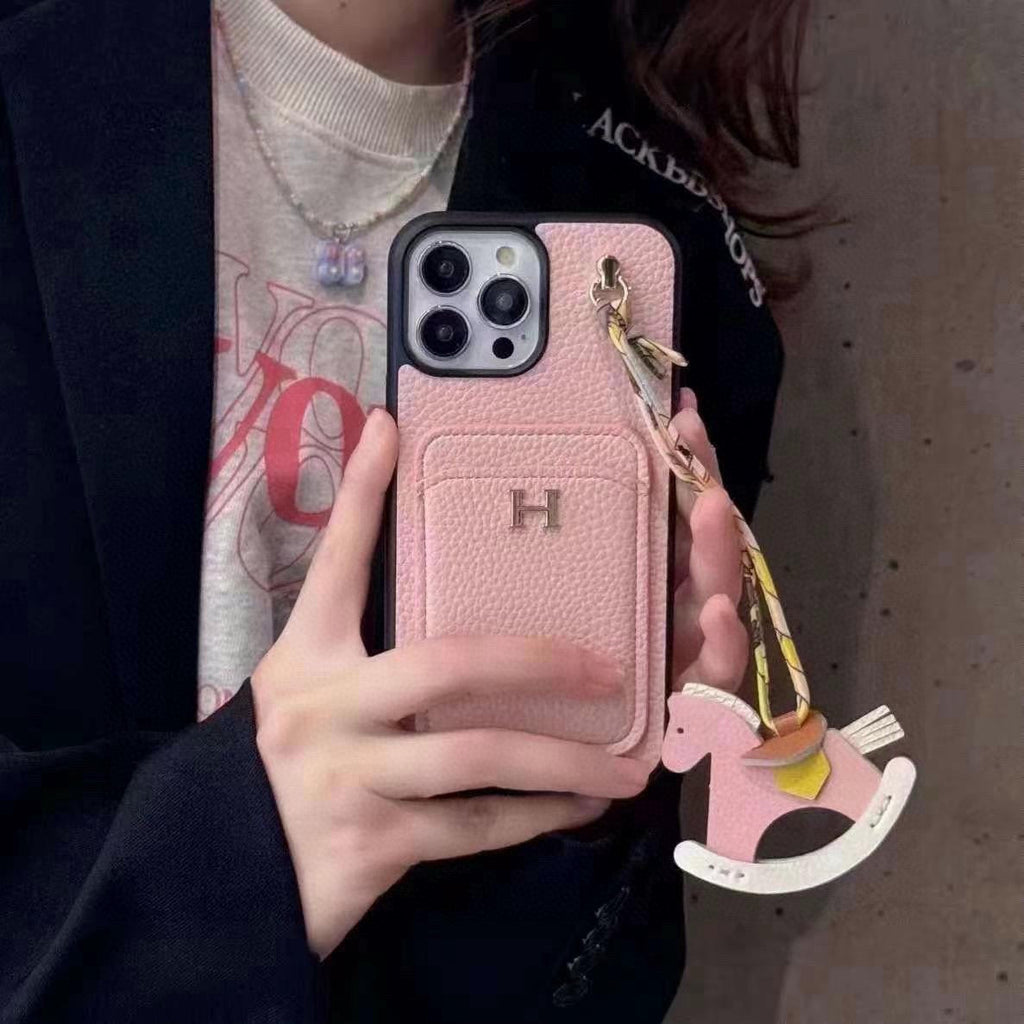 Hermès Style Luxury Leather Card Holder Phone Case | Wrist Strap & Horse Charm