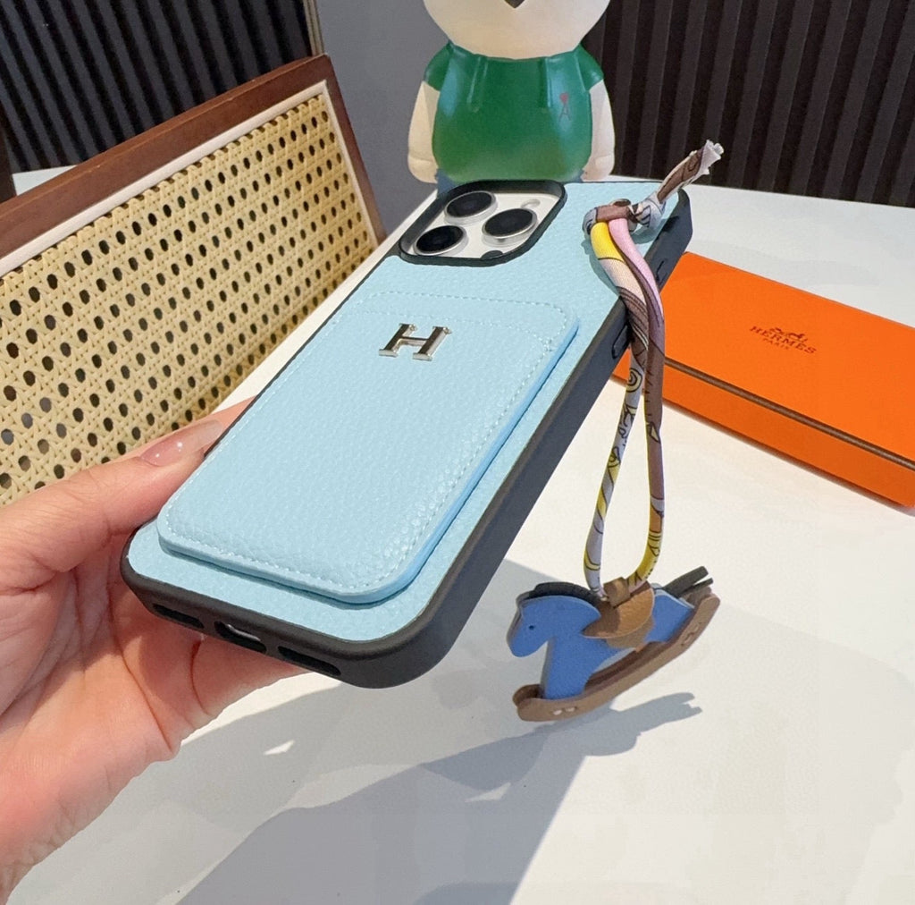 Hermès Style Luxury Leather Card Holder Phone Case | Wrist Strap & Horse Charm