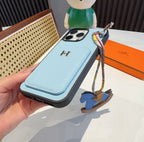 Hermès Style Luxury Leather Card Holder Phone Case | Wrist Strap & Horse Charm