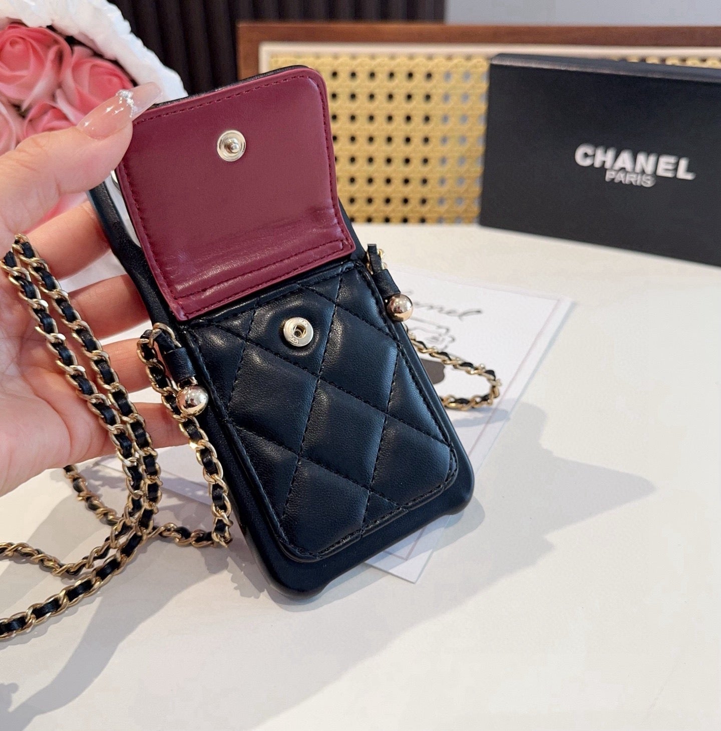 Chanel Style Quilted Leather Phone Case with Crossbody Chain
