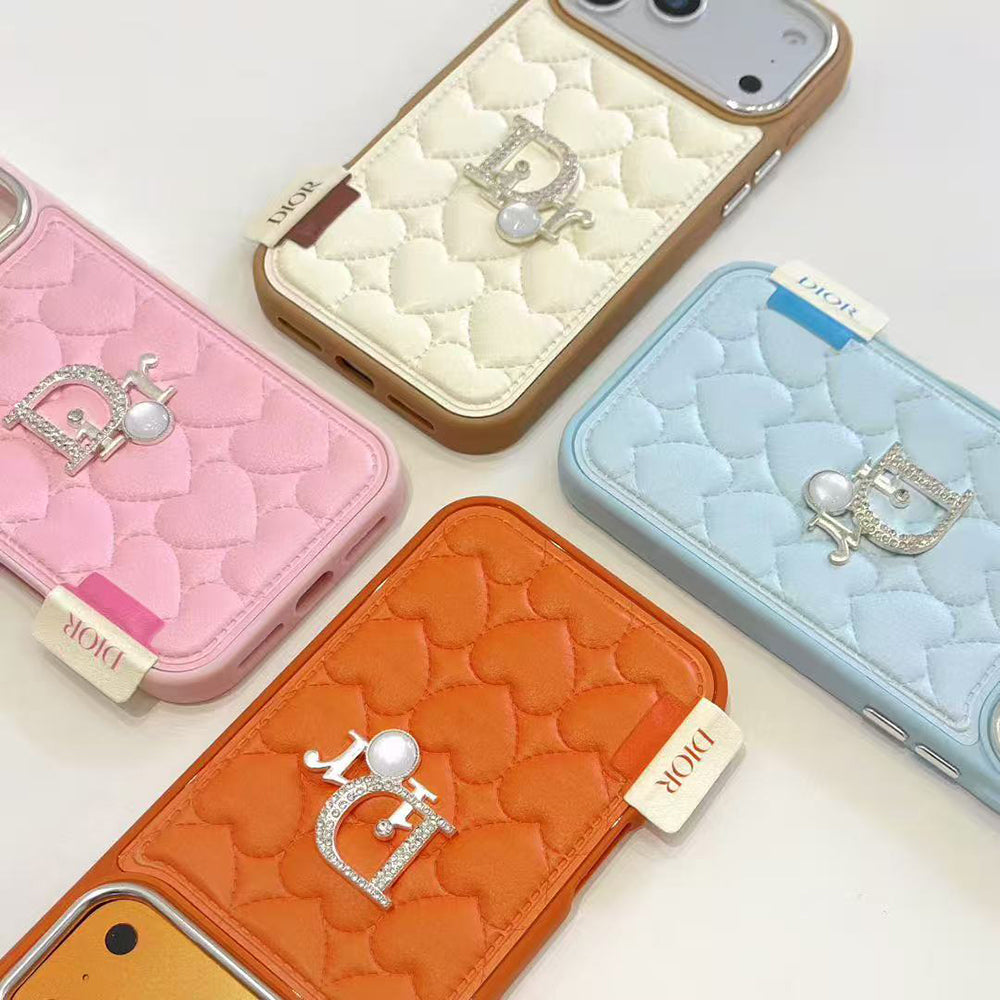 Dior Heart Quilted Leather Rhinestone Logo Luxury Electroplated Frame Phone Case