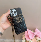 Chanel Style Quilted Leather Phone Case with Crossbody Chain & Card Pocket