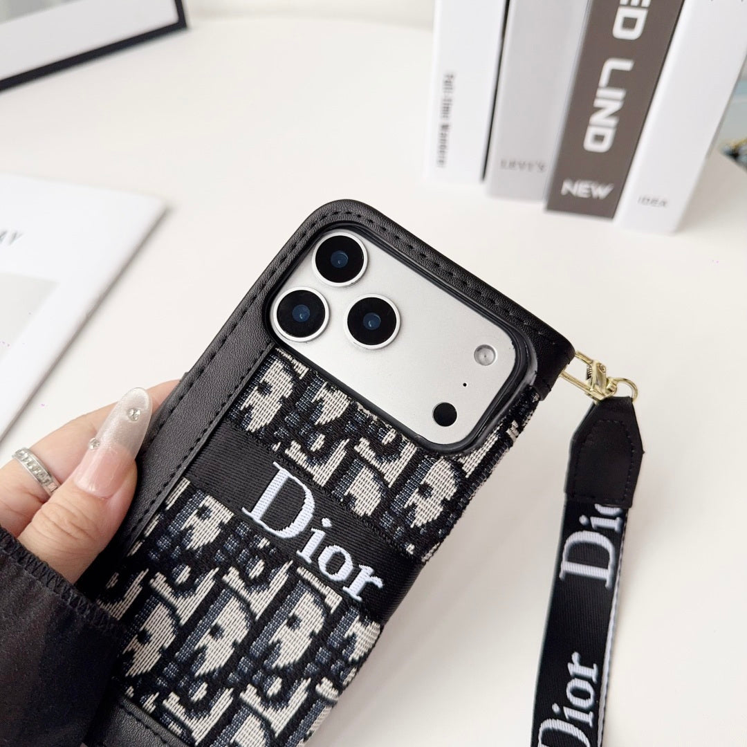 Dior Oblique Monogram Flip Wallet Phone Case With Brand Wrist