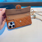 Chanel Style Quilted Leather Flip Card Holder Phone Case With Gold Chain Crossbody Strap