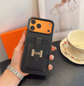 Hermès-Style Leather Card Holder Phone Case with H Buckle & Shockproof Bumper