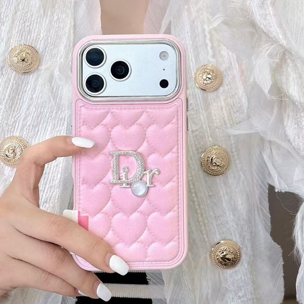 Dior Heart Quilted Leather Rhinestone Logo Luxury Electroplated Frame Phone Case