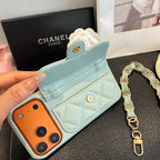 Light Blue Chanel Style Quilted Caviar Leather Card Slot Chain Strap Luxury Phone Case