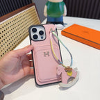Hermès Style Luxury Leather Card Holder Phone Case | Wrist Strap & Horse Charm