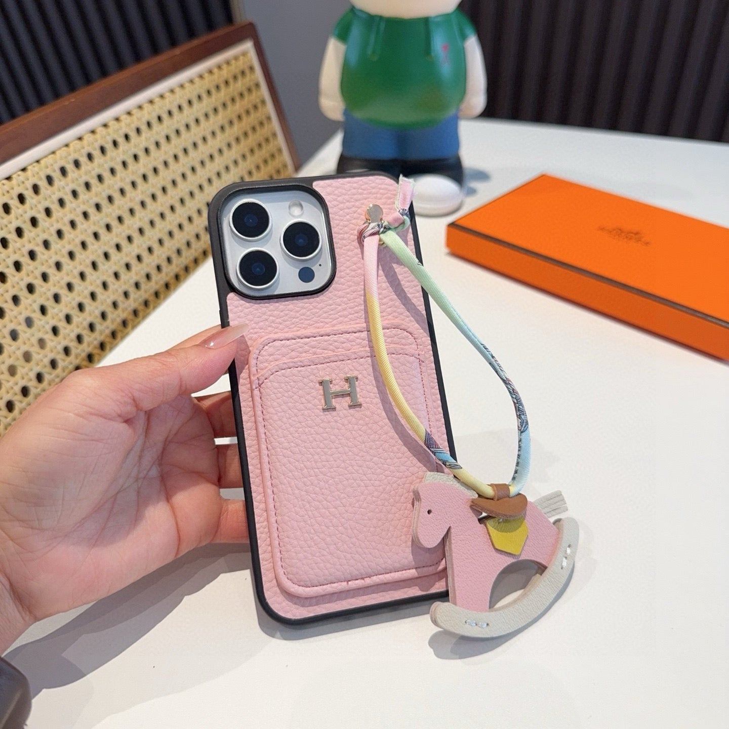 Hermès Style Luxury Leather Card Holder Phone Case | Wrist Strap & Horse Charm