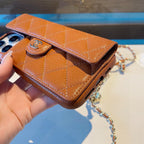 Chanel Style Quilted Leather Flip Card Holder Phone Case With Gold Chain Crossbody Strap