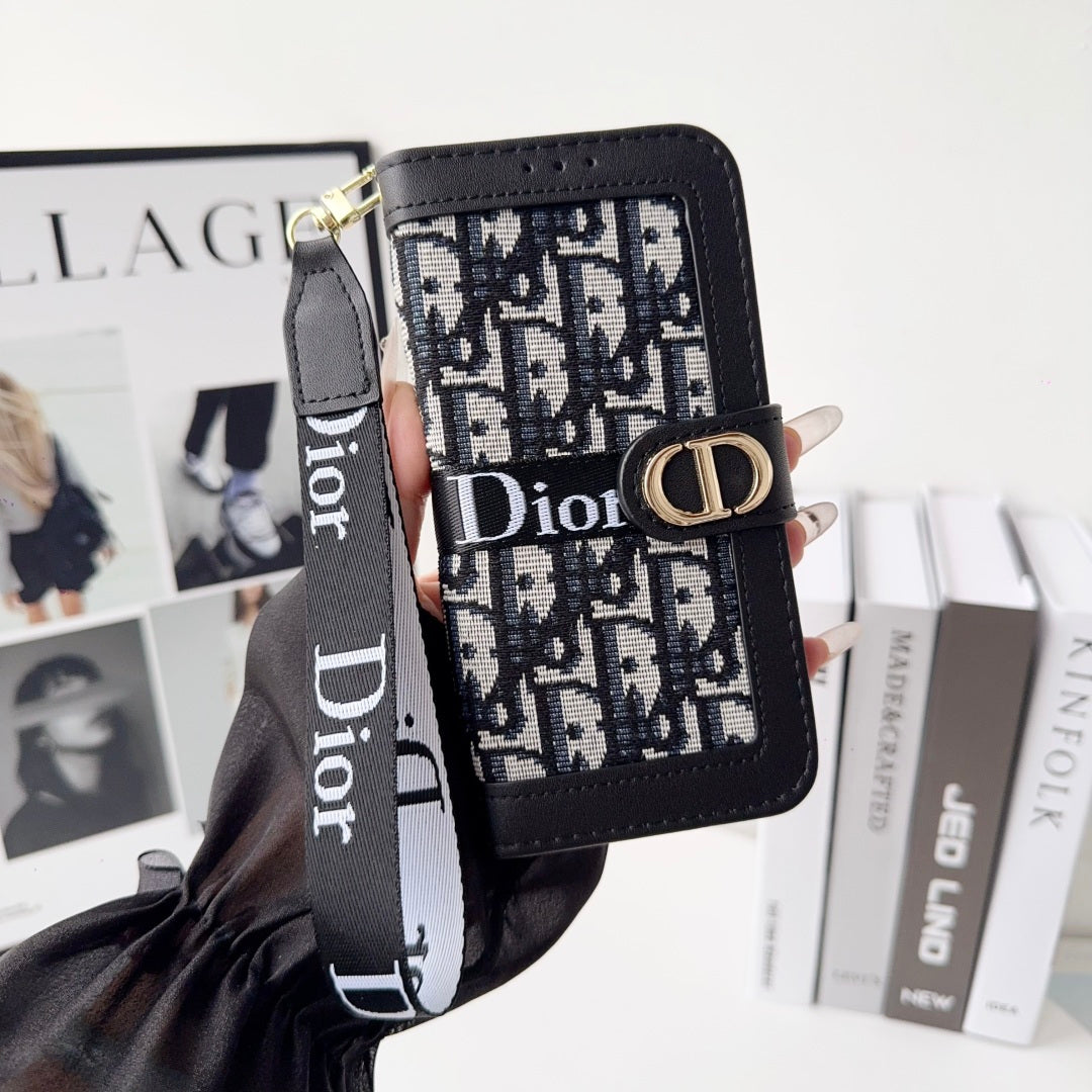 Dior Oblique Monogram Flip Wallet Phone Case With Brand Wrist