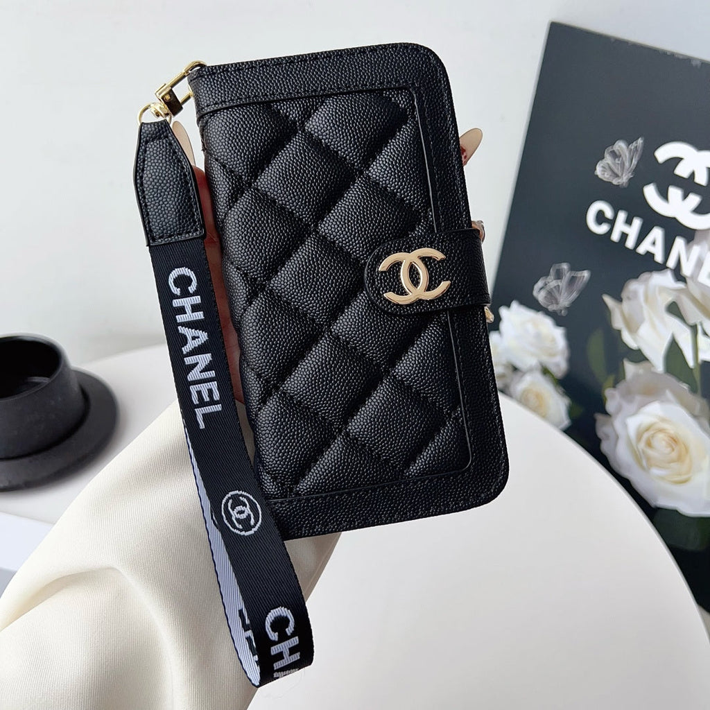 Chanel Style Diamond Quilted Leather Flip Wallet Phone Case with Wrist Strap